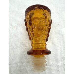 Vintage Amber Glass Grapevine Bottle Stopper With Textured Details & Rubber Seal